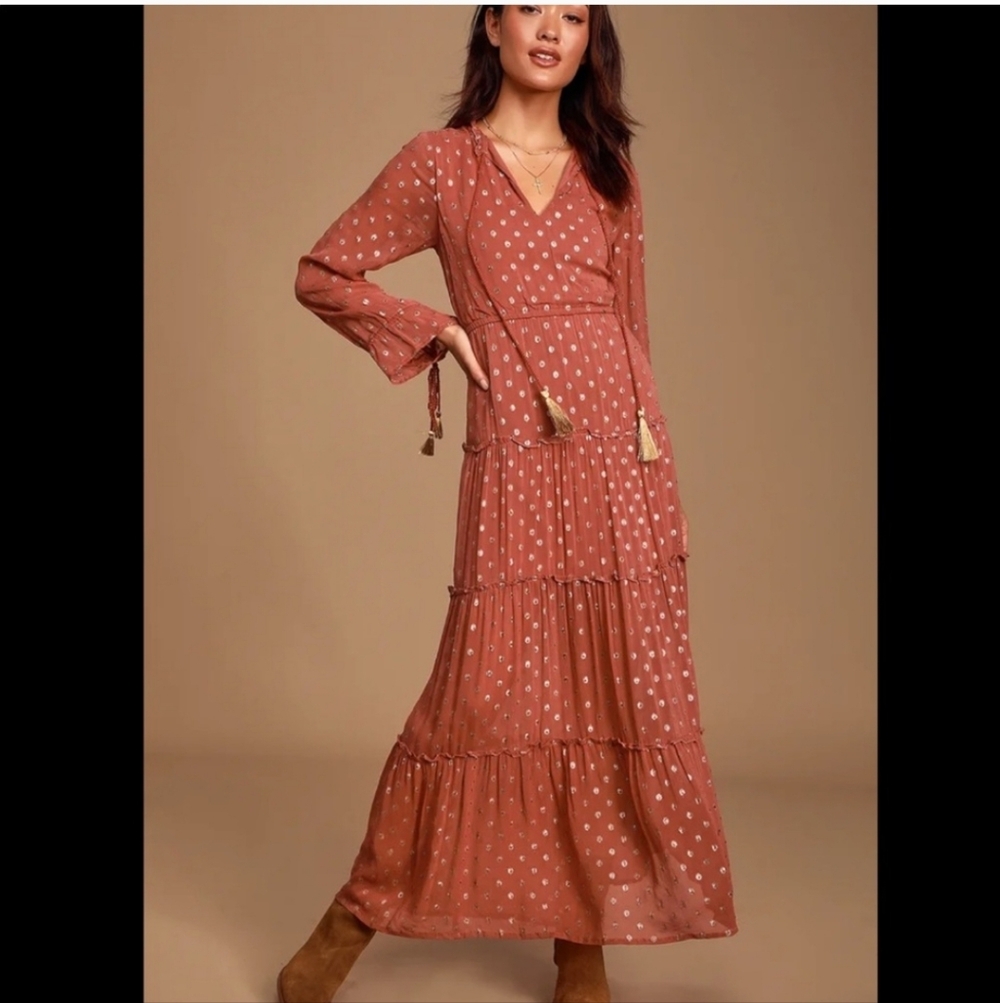 RAGA Elle Rusty Rose Polka Dot Tiered Longsleeve Maxi Dress. Size XS
